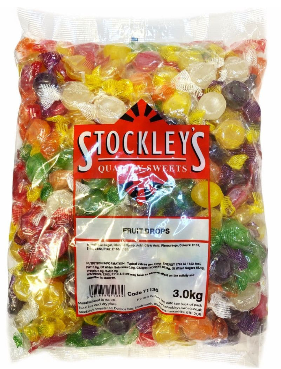 7g - 10kg Stockleys FRUIT DROPS Traditional Boiled Wrapped Sweets Retro Filler