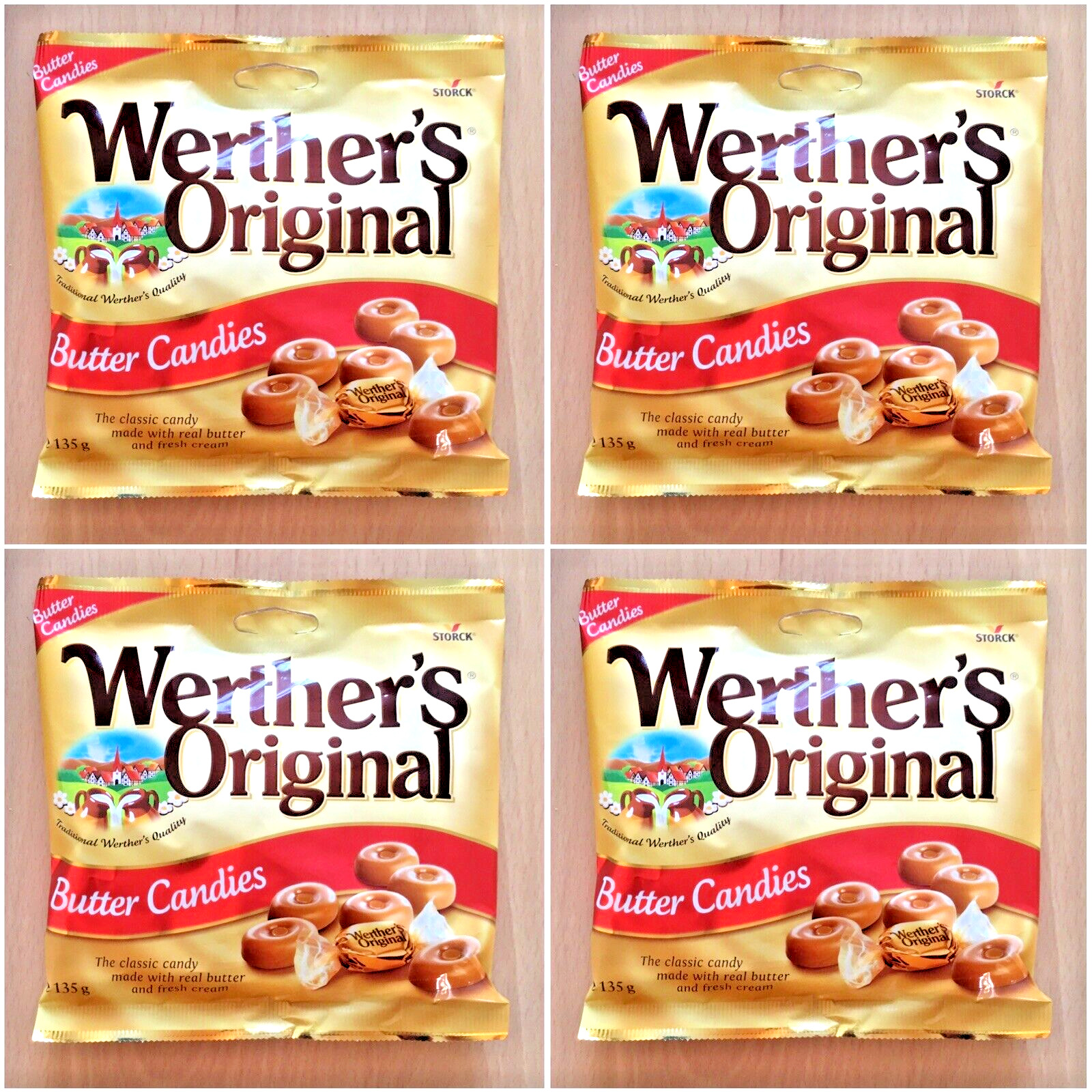 Werther's Original Butter Candies Classic  Retro Boiled Sweets - 4 x 135g Bags