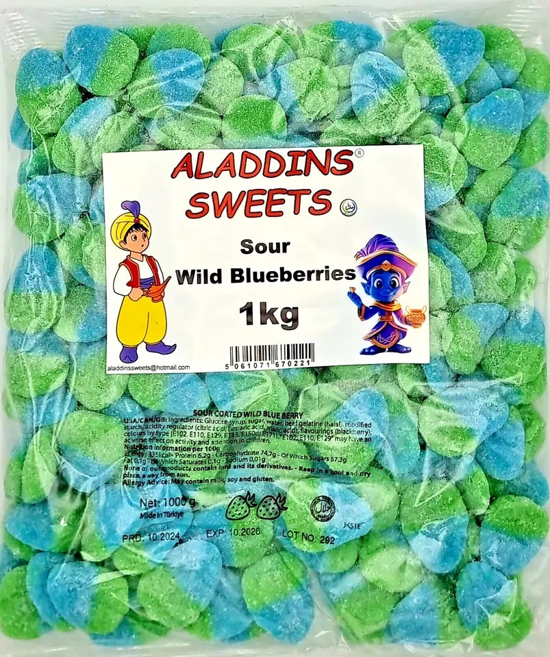 1kg Sour Blueberries - Halal - Aladdins Sweets Retro Pick n Mix gummy candy Bag