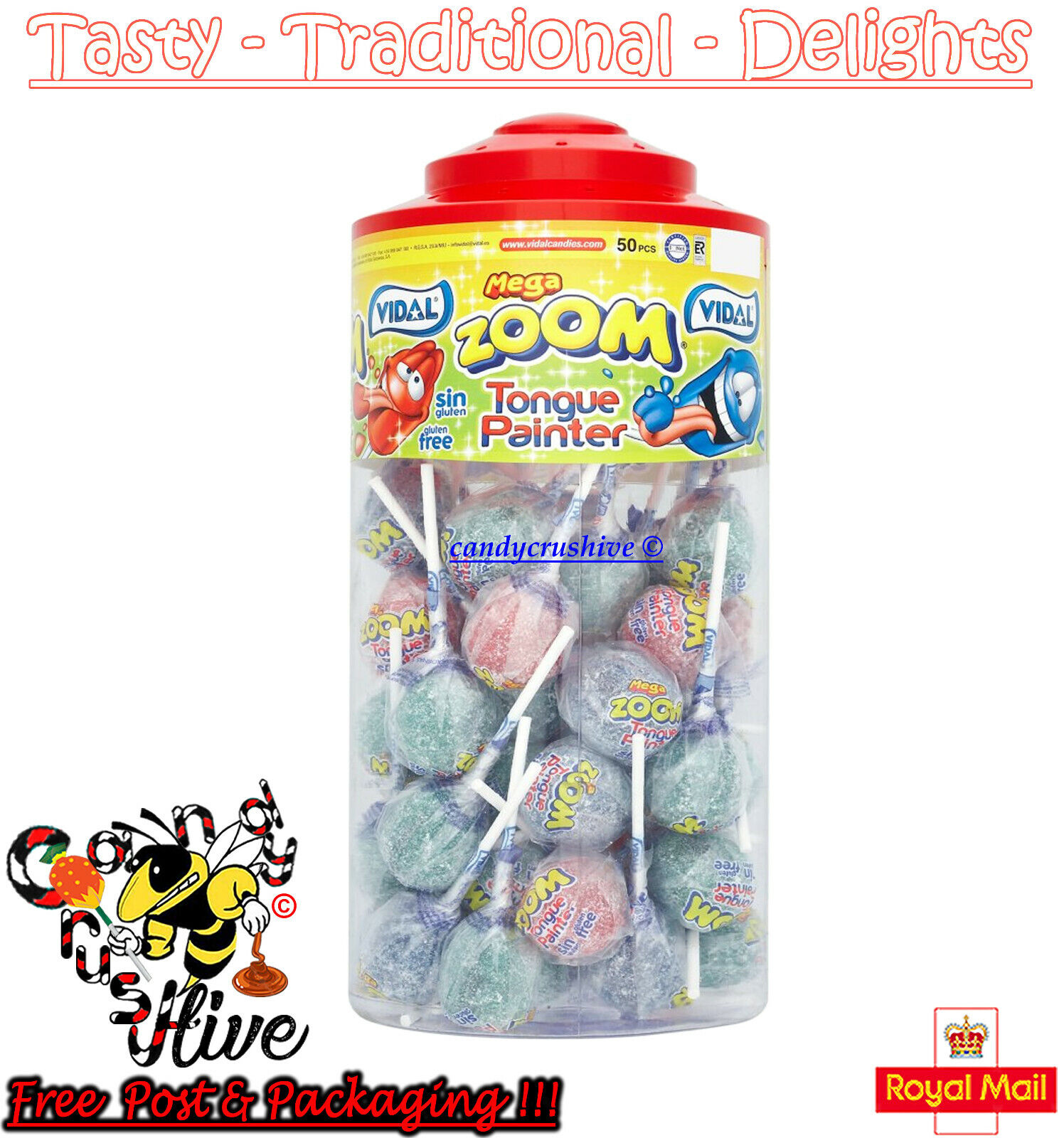 Vidal Mega Zoom Tongue Painter Lollies Retro Sweets Lollipops Sour - 50 Lollies