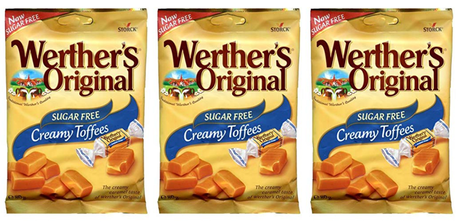 Werther's Original Creamy Toffee Sugar Free Retro Sweets 80g X 3 Packs